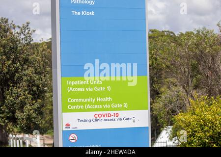 Mona vale Hospital nella regione delle spiagge settentrionali di Sydney, insegna ospedaliera per i test e le unità ospedaliere, Sydney, NSW, Australia Foto Stock