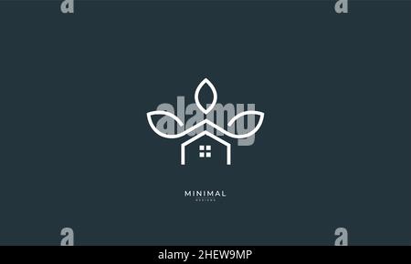 Un logo icona di linea art di una casa / casa con una corona foglia Illustrazione Vettoriale