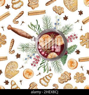 Modello senza cuciture con VIN brulé e biscotti Roggetsven. Acquerello illustrazione di Natale Foto Stock