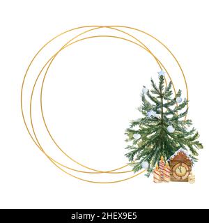 Struttura in oro geometrico con albero di Natale, candele, fiori di agrifoglio e decorazioni invernali. Illustrazione dell'acquerello Foto Stock