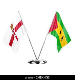 Due bandiere di tabella isolate su sfondo bianco 3D illustrazione, irlanda del Nord e sao tome e principe Foto Stock