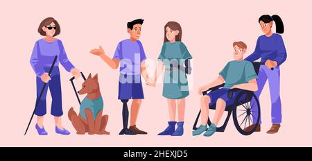 Gruppo di persone diversamente abili, concetto di disabilità. Personaggio disabile su sedia a rotelle, uomo e donna con protesi bionica della mano o della gamba, ragazza cieca con bastone e cane guida, illustrazione vettoriale Cartoon Illustrazione Vettoriale