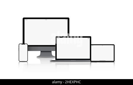 Dispositivo per gadget mockup. Smartphone, tablet, computer portatili e monitor per computer di colore nero con schermo vuoto isolato su sfondo bianco. Illustrazione Vettoriale