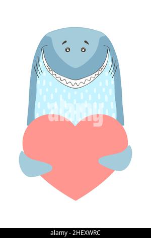 Il pesce dello squalo carino del cartoon tiene un segno del cuore con lo spazio della copia. Imposta il giorno del San Valentino biglietto di auguri opuscolo dell'invito del banner. Cartoon disegnato a mano sty Illustrazione Vettoriale