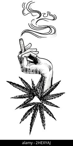 Mano con un'articolazione di marijuana fumante e foglie di cannabis. Disegno in bianco e nero con inchiostro Foto Stock