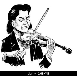 Il musicista suona il violino. L'inchiostro bianco e nero disegno Foto Stock