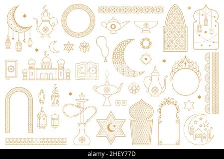 Simboli floreali arabi orientali musulmani dorati. Lanterne, luna, hookah, moschea, cornici arabiche decorative vettore illustrazione set. Islamico Illustrazione Vettoriale