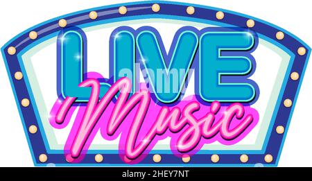 Design con logo Live Music con illustrazione dei caratteri disegnata a mano al neon Illustrazione Vettoriale