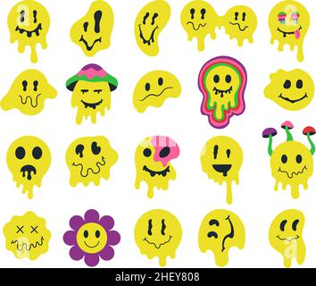 Sciogliere i volti sorridenti psichedelici, gocciolando personaggi grovosi. Crazy graffiti sorriso emoji, espressioni facciali mascotte vettore illustrazione set Illustrazione Vettoriale