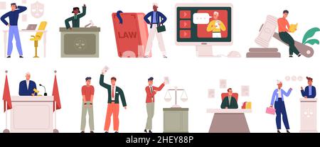 Personaggi avvocati, giustizia e diritto lavoratori scene. Advocate servizio, supporto e consulenza, avvocato flusso di lavoro vettore illustrazione set. Legge e. Illustrazione Vettoriale