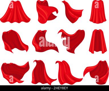 Cartoon supereroe rosso vestiti, scarlatto mantello caps. Costume da supereroe in seta, set di illustrazioni vettoriali per cappe di scarlatto. Tessuto rosso supereroe Illustrazione Vettoriale