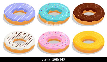 Set isometrico di ciambelle con smalto multicolore. Ciambelle dolci a velo con diversi tipi, zucchero, cioccolato o acero Illustrazione Vettoriale