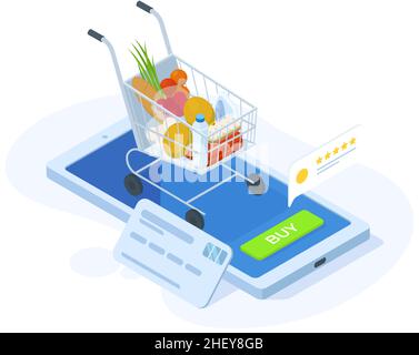 Acquisto di generi alimentari online isometrici, concetto di app per gli ordini di prodotti alimentari. Applicazione online del negozio di alimentari, immagine vettoriale della schermata acquisti di cibo. Supermercato Illustrazione Vettoriale
