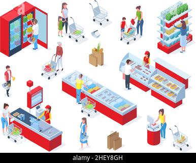 Acquisto di generi alimentari isometrici, persone che acquistano cibo al supermercato. Negozio di alimentari shopping, i clienti che acquistano cibo nel mercato della drogheria vettore illustrazione set Illustrazione Vettoriale