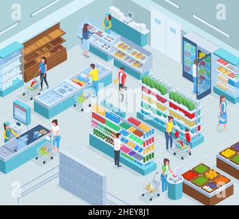 Interno del mercato isometrico della drogheria, vetrina del supermercato e banco check-out. Negozi alimentari clienti carrelli e scaffali merci illustrazione vettoriale Illustrazione Vettoriale