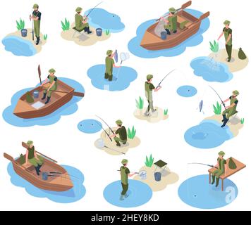 Pescatori isometrici che catturano pesci, barche e attrezzature da pesca. Fiume o stagno pesca isolato 3D vettore illustrazione set. Personaggi umani dei pescatori Illustrazione Vettoriale