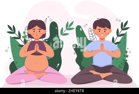 Donna incinta con marito che pratica yoga, loto posa meditazione. Coppia seduta in posa di loto, lezione di genitorialità yoga meditare illustrazione vettoriale Illustrazione Vettoriale