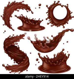 Schizzi di cioccolato realistici, vortici e gocce di cioccolato caldo liquido. Gocce di cioccolato fondente spruzzi vettore illustrazione set. Delizioso cioccolato Illustrazione Vettoriale