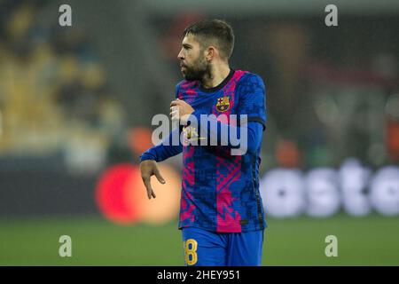 Ucraina, Kiev - 02 novembre 2021. Jordi Alba (FC Barcelona) durante la partita tra FC Dynamo Kyiv e FC Barcelona, NSC Olympiyskiy Foto Stock