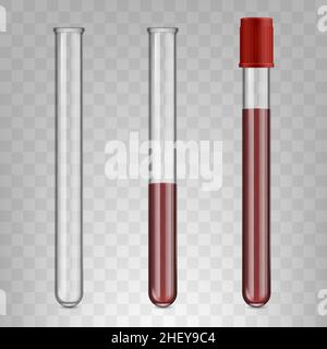 Provette in vetro realistiche riempite con sangue, analisi del sangue concetto medico. Provette per esami di laboratorio medico riempite con illustrazione del vettore ematico. Sangue Illustrazione Vettoriale