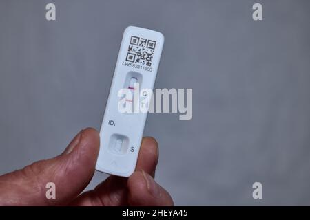 Kit di autotest per antigene a flusso laterale di Coronavirus con tenuta per mano maschio che mostra risultati positivi con fondo grigio liscio Foto Stock