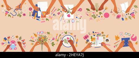 Laboratori creativi artigianato, hobby e arte fatti a mano. Laboratori artigianali fatti a mano, scrapbooking, origami e cucire vettore illustrazione set. Mani femminili Illustrazione Vettoriale