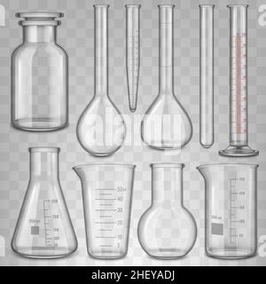 Vetreria da laboratorio realistica, bicchiere e matraccio per provette in vetro. Set di illustrazioni vettoriali per apparecchiature in vetro trasparente da laboratorio chimico 3D Illustrazione Vettoriale