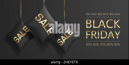 Vendita - banner in stile minimalista. Sconti sul Black Friday. Cuscini neri e scottanti con un'iscrizione dorata appesi sulle corde. 3D realistico. Retro nero Illustrazione Vettoriale