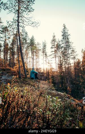 Esplora ed esplora nuove aree della regione di Kainuu, nel centro della Finlandia. Ricerca di nuovi obiettivi e di nuove vedute in un ambiente boscoso Foto Stock