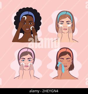 quattro ragazze con trattamento di cura della pelle Illustrazione Vettoriale