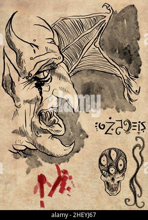 necronomicon come horror illustrato pagina di libro illustrazione Foto Stock