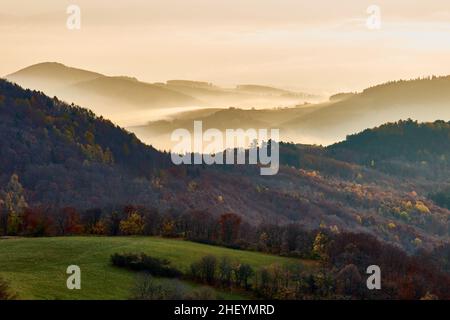 Paesaggio di montagna con colline nella nebbia. Luce del mattino, fine autunno. Alberi colorati. Sfondo naturale, carta da parati. Area protetta Vrsatec, Slovacchia. Foto Stock