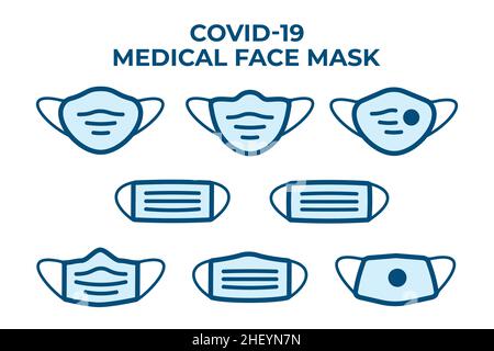 Maschera protettiva per la prevenzione del virus corona o dell'inquinamento. Collezione di icone della maschera facciale Covid-19. Vettore e illustrazione. Illustrazione Vettoriale