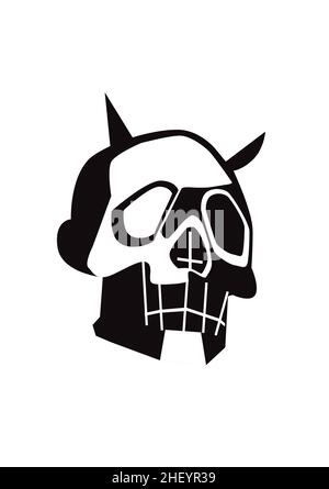 Icona del cranio in bianco e nero con corna e croce invertita, illustrazione vettoriale Foto Stock