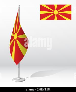 BANDIERA NORD MACEDONIA sul paletto per la registrazione di un evento solenne, incontro con ospiti stranieri. Giornata nazionale di indipendenza di MACEDONIA. Vettore realistico 3D Illustrazione Vettoriale