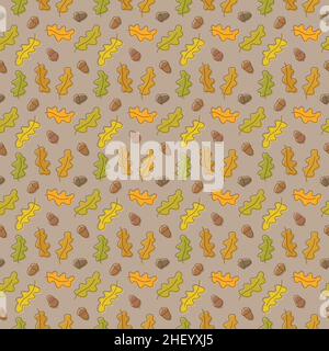 Sfondo decorativo con parti di piante di quercia, motivo senza cuciture. Illustrazione Vettoriale