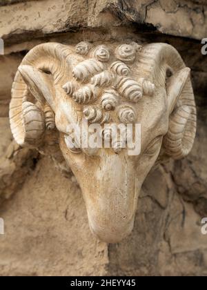 La testa di pecora finemente scolpita decorando l'angolo di un plinto alla Chiswick House a Londra nel Regno Unito Foto Stock