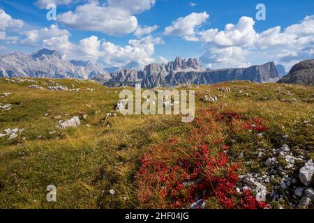 Paesaggio montano nelle Dolomiti intorno alle cinque Torri. Foto Stock