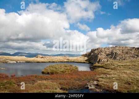 Un piccolo tarn sul percorso per la cima di Wetherlam vicino a Red Gill Head Moss vicino a Coniston il Lake District Inghilterra Foto Stock