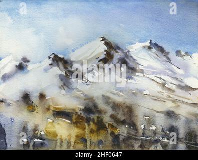 Paesaggio innevato di montagna acquerello. Belle opere d'arte pittura paesaggio arte montagne nevoso decor. Foto Stock