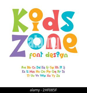 Colore carattere giocoso allegro alfabeto colore cartoni animati lettere. Set di lettere fumetto funky per il logo e il titolo di compleanno dei bambini, copertina libro per bambini, cartoon t Illustrazione Vettoriale