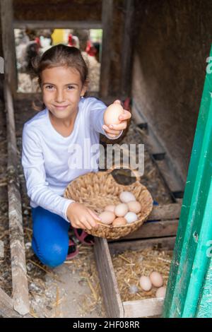 Il bambino raccoglie le uova nella casa di gallina. Focus.Nature selettivo Foto Stock