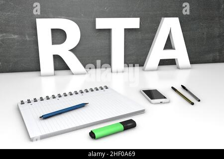 RTA - Pubblicità in tempo reale - concetto di testo con lavagna, notebook, penne e telefono cellulare. 3D rappresentazione illustrazione. Foto Stock