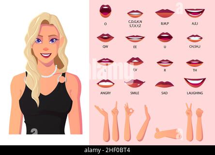 Bionda Donna personaggio bocca animazione e sincronizzazione labbro, bella donna indossando Black Dress Premium Vector Illustrazione Vettoriale