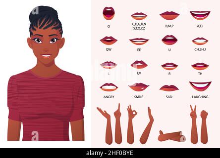 African American Black Woman Mouth Animation and Lip Sync Creation, Woman with braids hairstyle Illustrazione Vettoriale