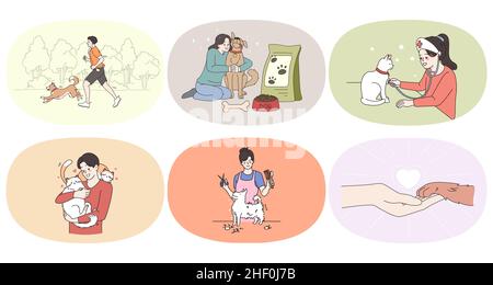 Set di proprietari di animali domestici giocare con gatti e cani mostra amore t piccoli amici umani. Raccolta di persone diverse si prendono cura di animali domestici. Servizio veterinario e di cura del corpo. Illustrazione vettoriale piatta. Illustrazione Vettoriale