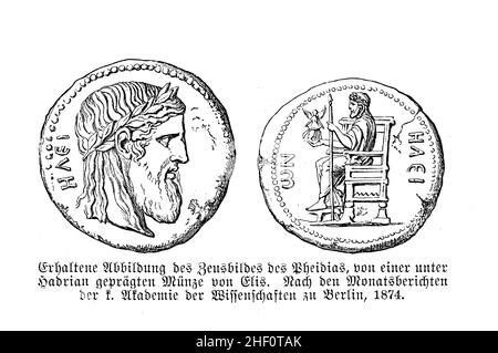Moneta con Dio Zeus testa e ritratto dalla regione greca degli Elis sotto il regno dell'imperatore romano Adriano, II secolo Foto Stock