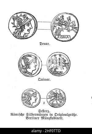 Monete d'argento romane antiche: Denarius, chinarius e sedertius Foto Stock