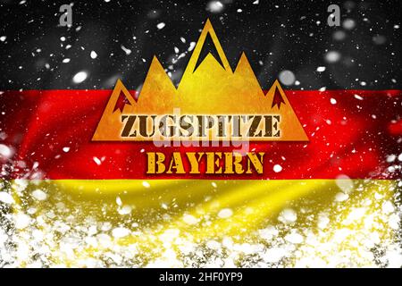 Zugspitze Bayern immagine della bandiera tedesca e dello strato di neve, famosa destinazione nelle Alpi, Germania Foto Stock