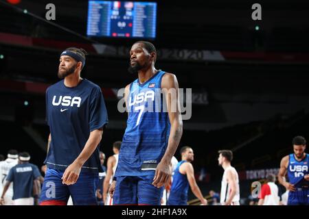 25th LUGLIO 2021 - SAITAMA, GIAPPONE: Kevin Durant degli Stati Uniti sembra deluso dal Team USA che ha perso 76:83 in Francia nel loro turno preliminare Foto Stock